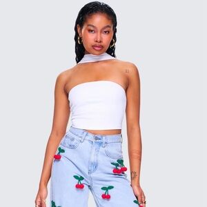 Finesse White Strapless Crop Top with Neck Tie - Women's Top